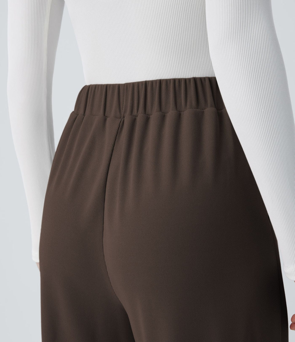 Pantalon taille haute décontracté large en maille gaufrée, avec poches