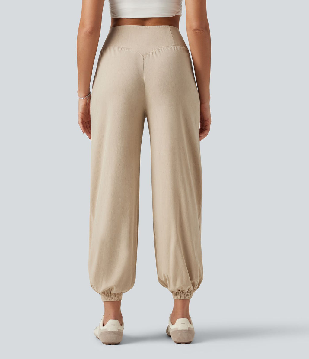 Pantalon de jogging taille haute en lin stretch avec poches