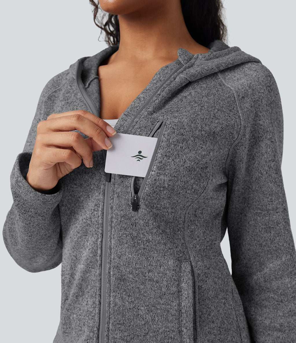 Veste de randonnée tricotée en molleton à capuche manches longues avec poches