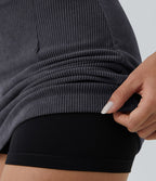Mini-Jupe Casual en Velours Côtelé 2 en 1 Fermeture Éclair Invisible Taille Haute