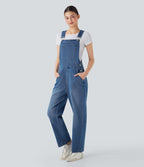 Salopette casual denim Halara Flex™ jambe droite maille extensible avec boutons et multiples poches