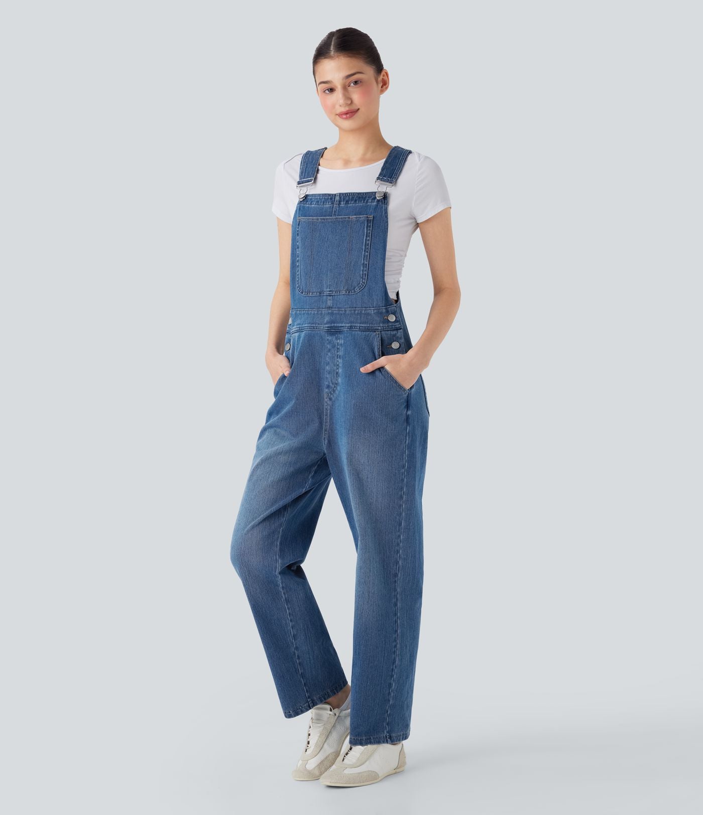 Salopette casual denim Halara Flex™ jambe droite maille extensible avec boutons et multiples poches