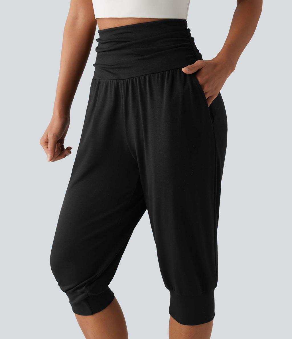 Jogging yoga corsaire chiné taille haute à fronces avec poches
