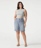 Short bermuda casual denim grande taille Halara Flex™ tricot extensible délavé taille haute multiples poches ourlet roulotté
