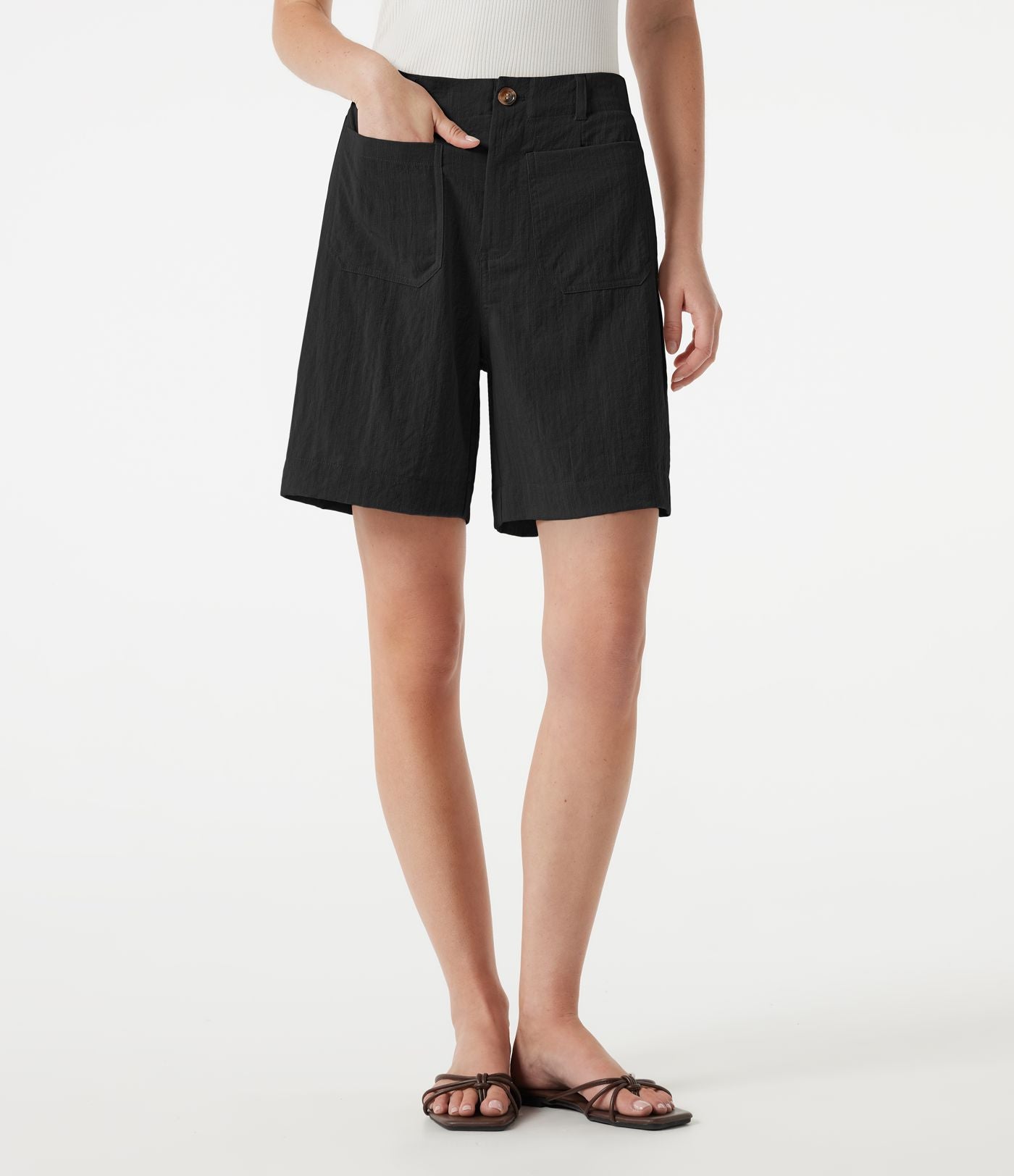 Short casual taille haute toucher lin 17,5 cm avec poches