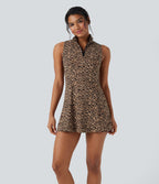 Robe de tennis active micro Halara UltraSculpt™ imprimé léopard col polo demi-fermeture éclair sans manches avec poches