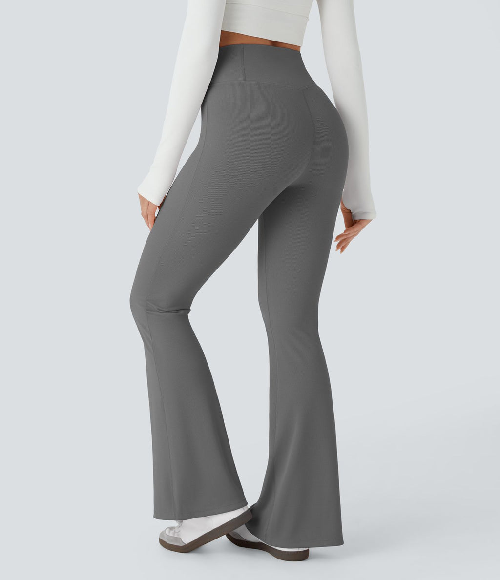 Pantalon décontracté évasé en maille gaufrée, taille haute, avec poches croisées
