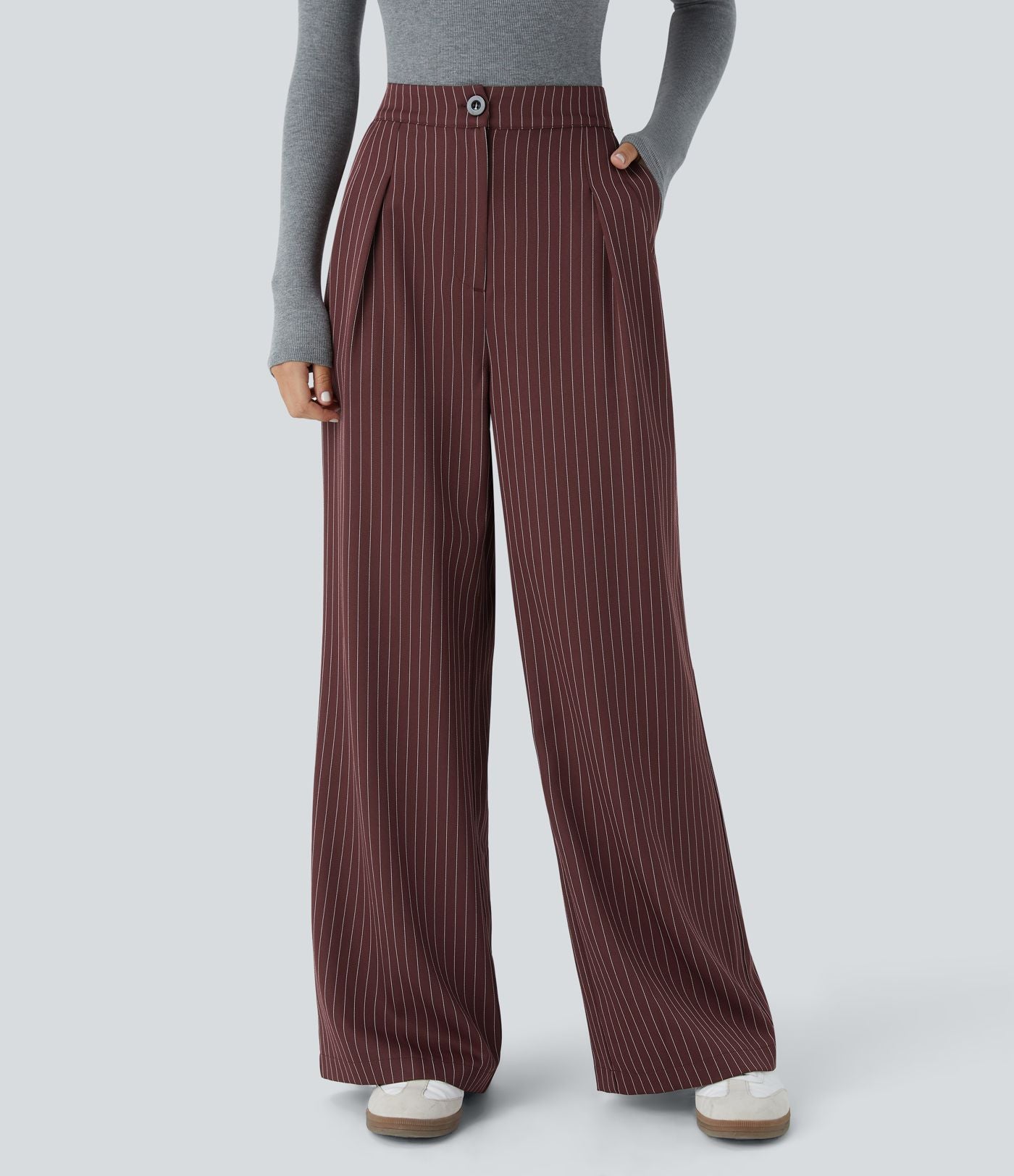 Pantalon Tailleur Large Fluide à Rayures, Taille Haute, Bouton et Fermeture Éclair, Poches Latérales