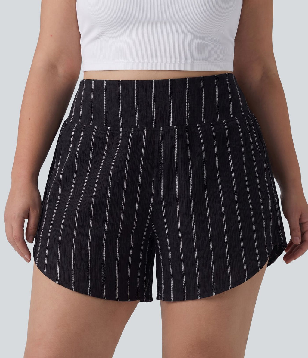 Short rayé grande taille taille haute avec ourlet arrondi et poches
