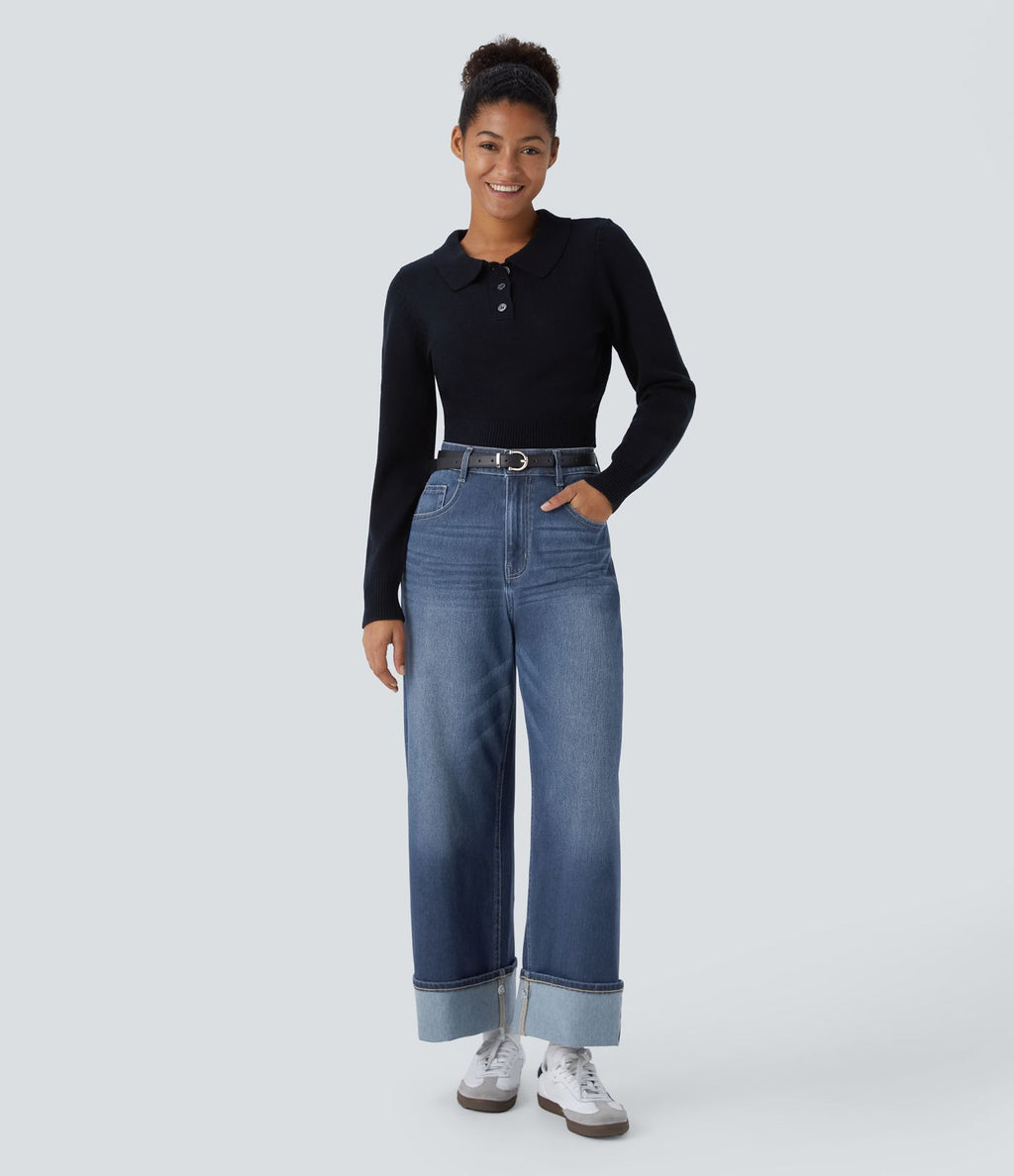 Jean décontracté Halara Flex™ taille haute jambes larges avec poches multiples et ourlet ajustable, en maille extensible effet délavé
