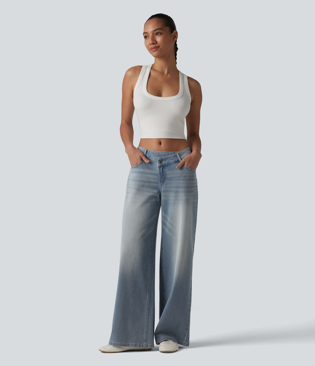 Halara Flex™ Jean large asymétrique taille basse avec bouton, fermeture éclair et poches multiples, délavé et extensible en maille