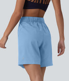 Short de yoga plissé taille haute avec ceinture élastique, cordon de serrage et poches 17,5 cm