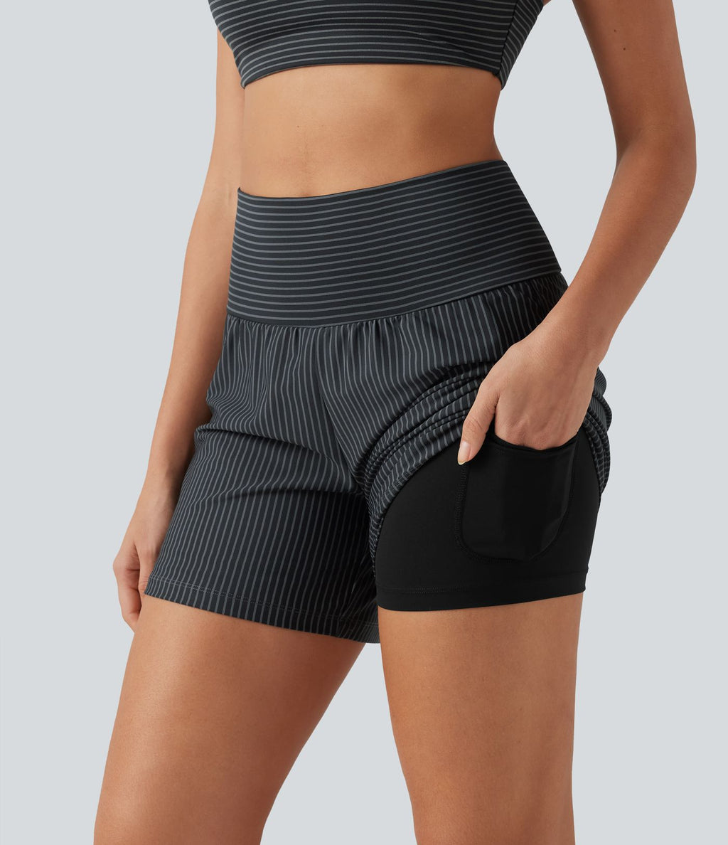 Short de yoga 2-en-1 à rayures, taille très haute, 12,5 cm, à poches