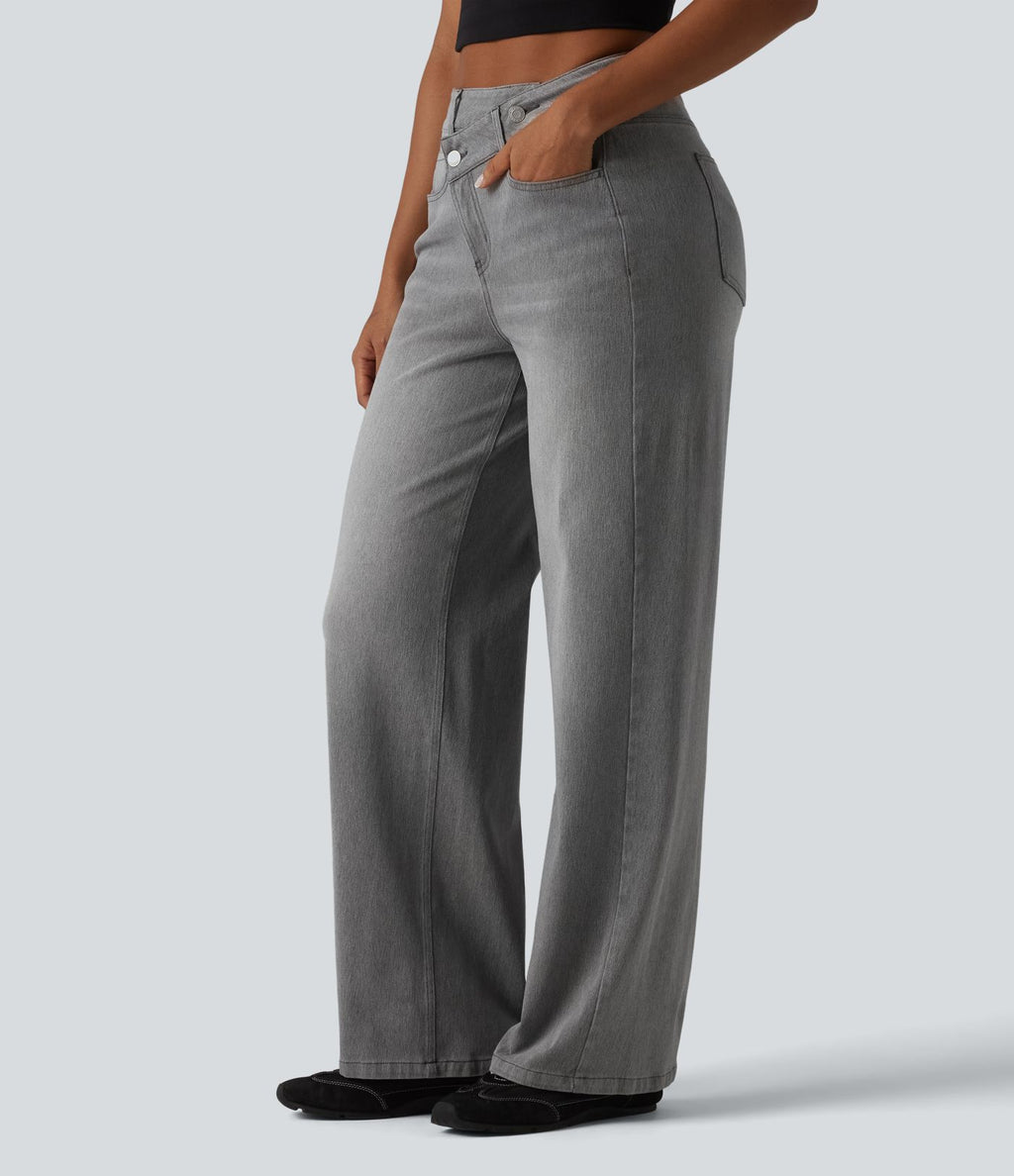 Jean baggy asymétrique Halara Flex™ taille haute effet délavé avec poches