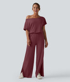 Combinaison casual asymétrique manches courtes avec poches et fente - Easy Peasy