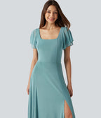 Robe maxi fluide col carré manches courtes soutien-gorge intégré dos noué
