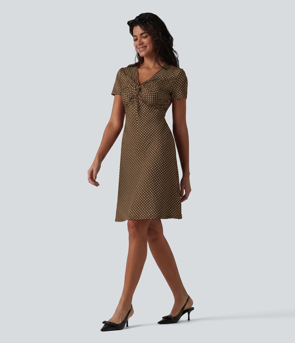 Robe casual à col V, manches courtes et imprimé à pois longueur genou