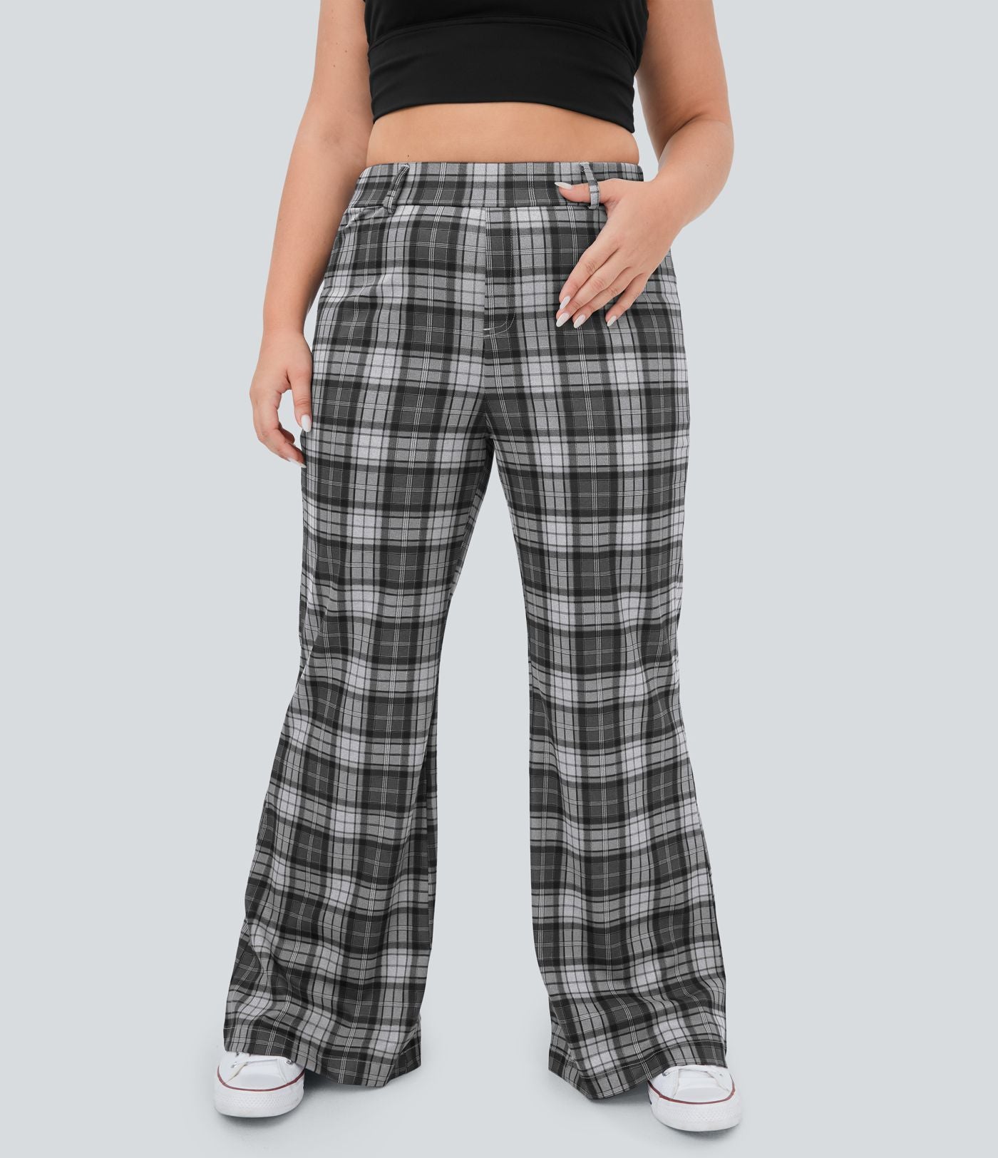 Pantalon Large Casual Taille Haute Carreaux Grande Taille