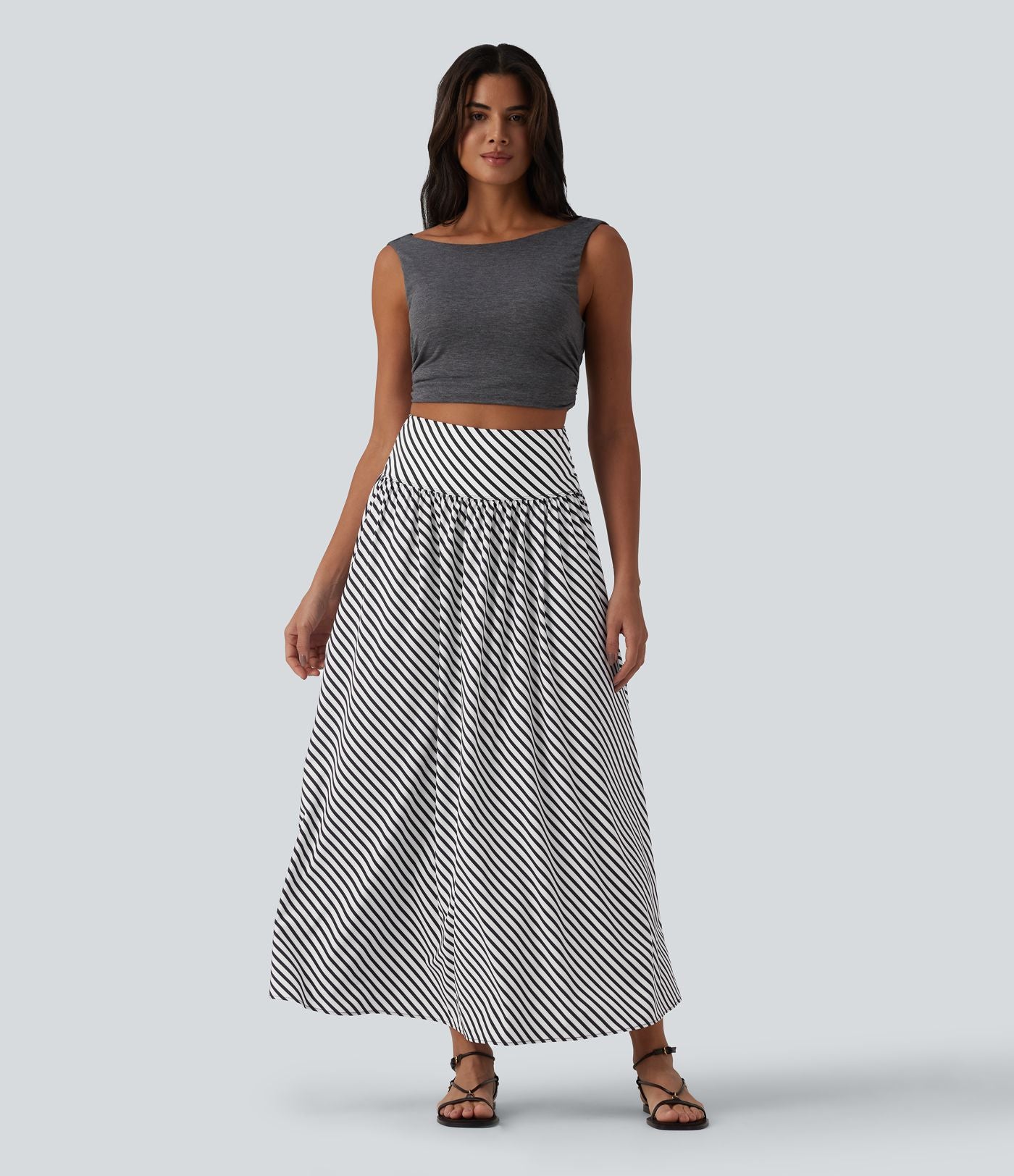 Jupe longue fluide casual à rayures taille haute avec poches