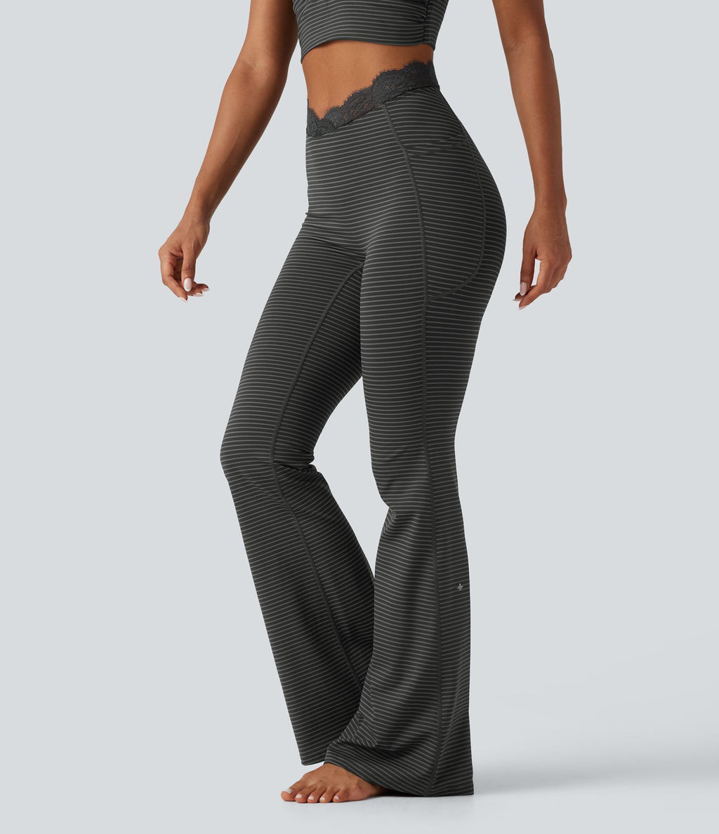Legging de yoga flare taille haute en V avec dentelle contrastée, rayures et poches