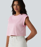 T-shirt casual raccourci en coton col rond à manches courtes couvrantes
