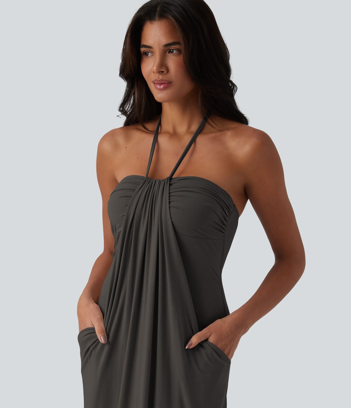 Robe longue dos nu col licou avec nœud et poches