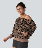 Sweat-shirt gaufré imprimé léopard une épaule manches longues avec poches