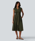 Robe tailleur midi col V sans manches fermeture éclair bidirectionnelle avec poches