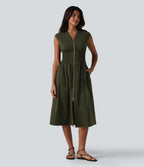 Robe tailleur midi col V sans manches fermeture éclair bidirectionnelle avec poches