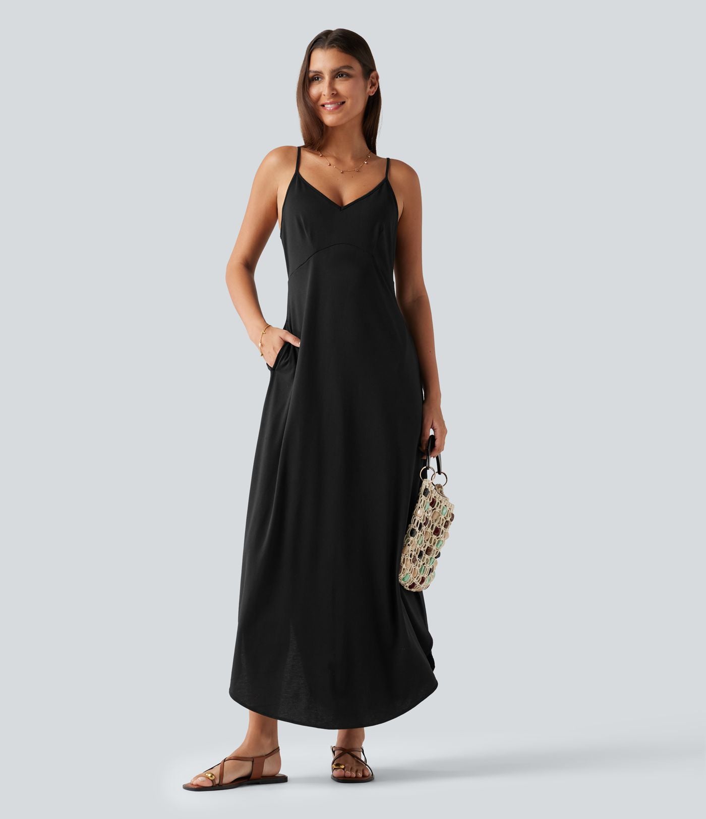 Robe longue décontractée col V style nuisette avec fente et poches
