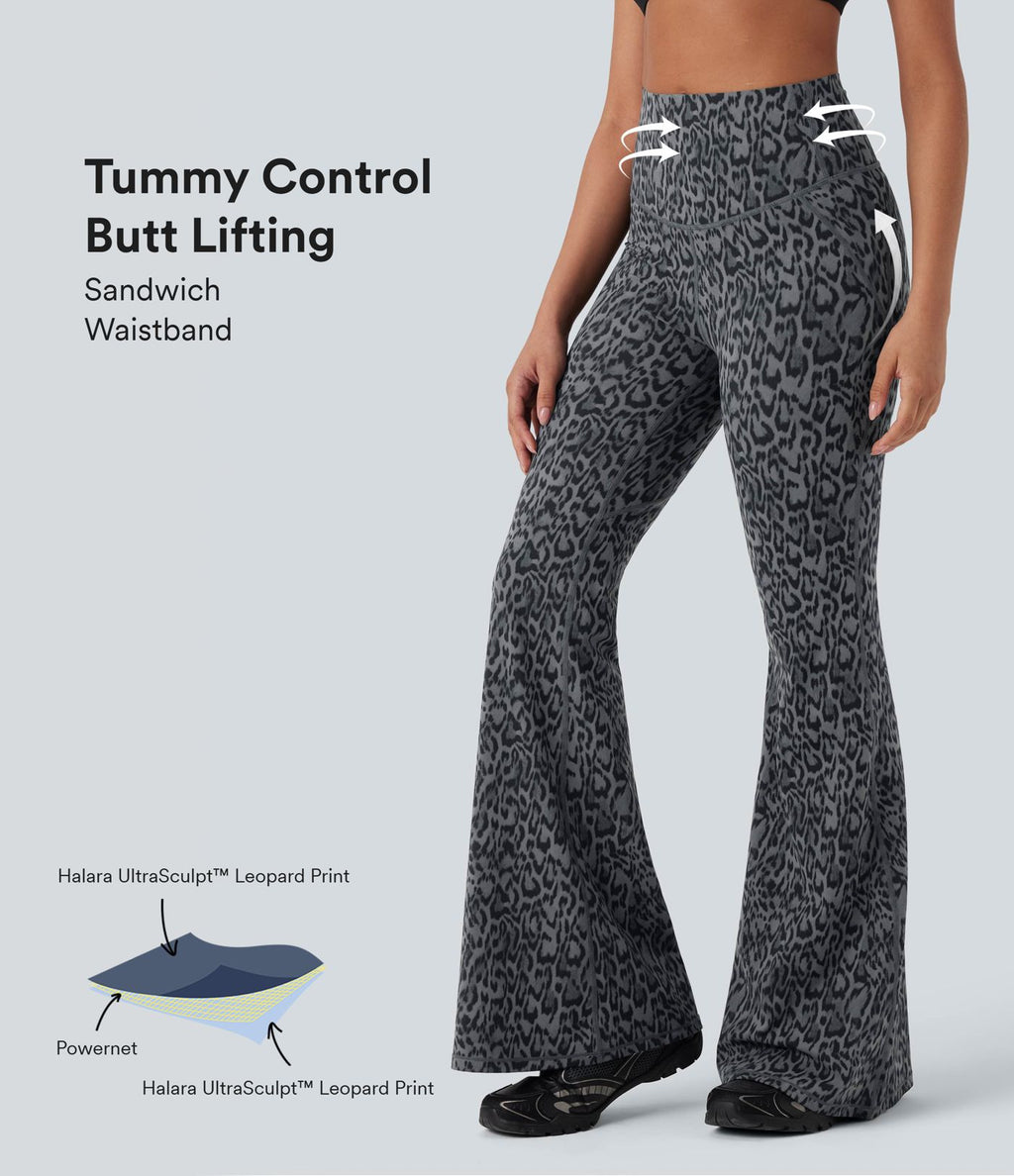 Pantalon de yoga évasé gainant galbant taille haute imprimé léopard Halara UltraSculpt™