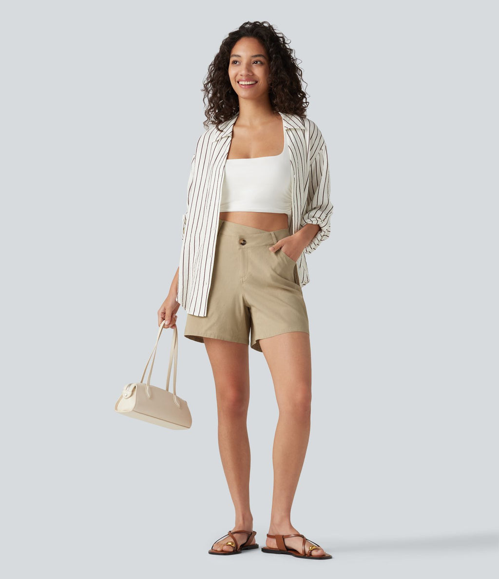 Short taille haute croisé décontracté en lin stretch 12,5 cm avec poches