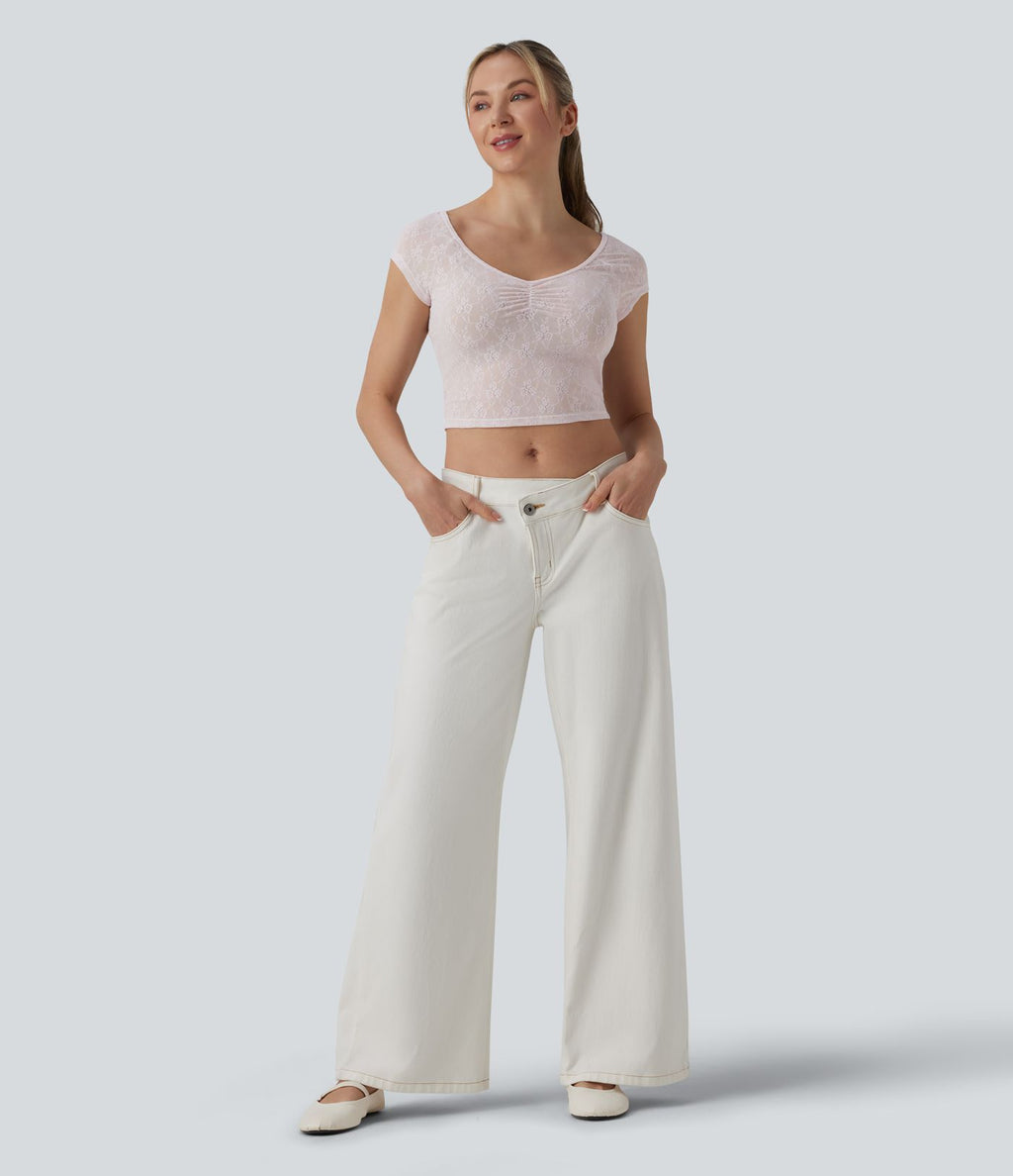 T-shirt casual court col cœur manches courtes en dentelle