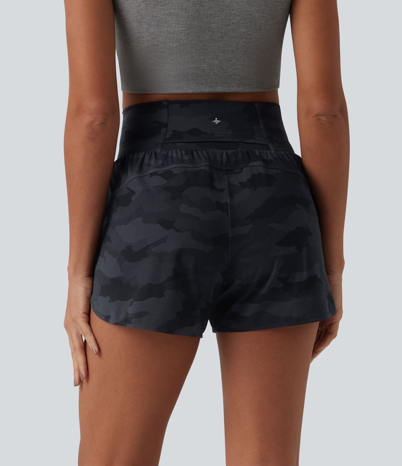 Short de running 2 en 1 Halara UltraSculpt™ gainant imprimé camouflage, taille haute, ourlet incurvé, 10 cm, avec poche