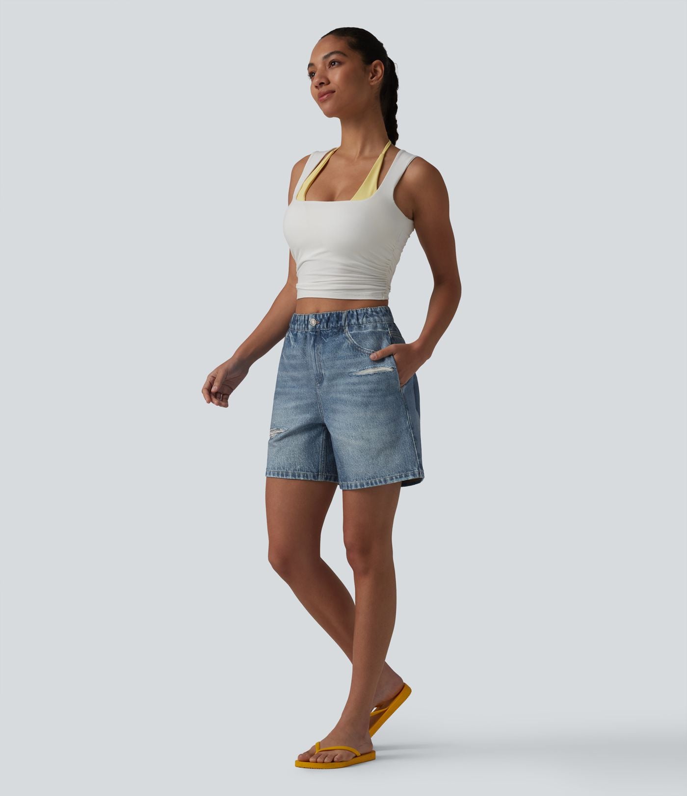 Short casual en molleton imprimé denim taille mi-haute 12,5 cm avec poches