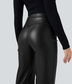 Pantalon similicuir évasé gainant taille haute stretch avec poches
