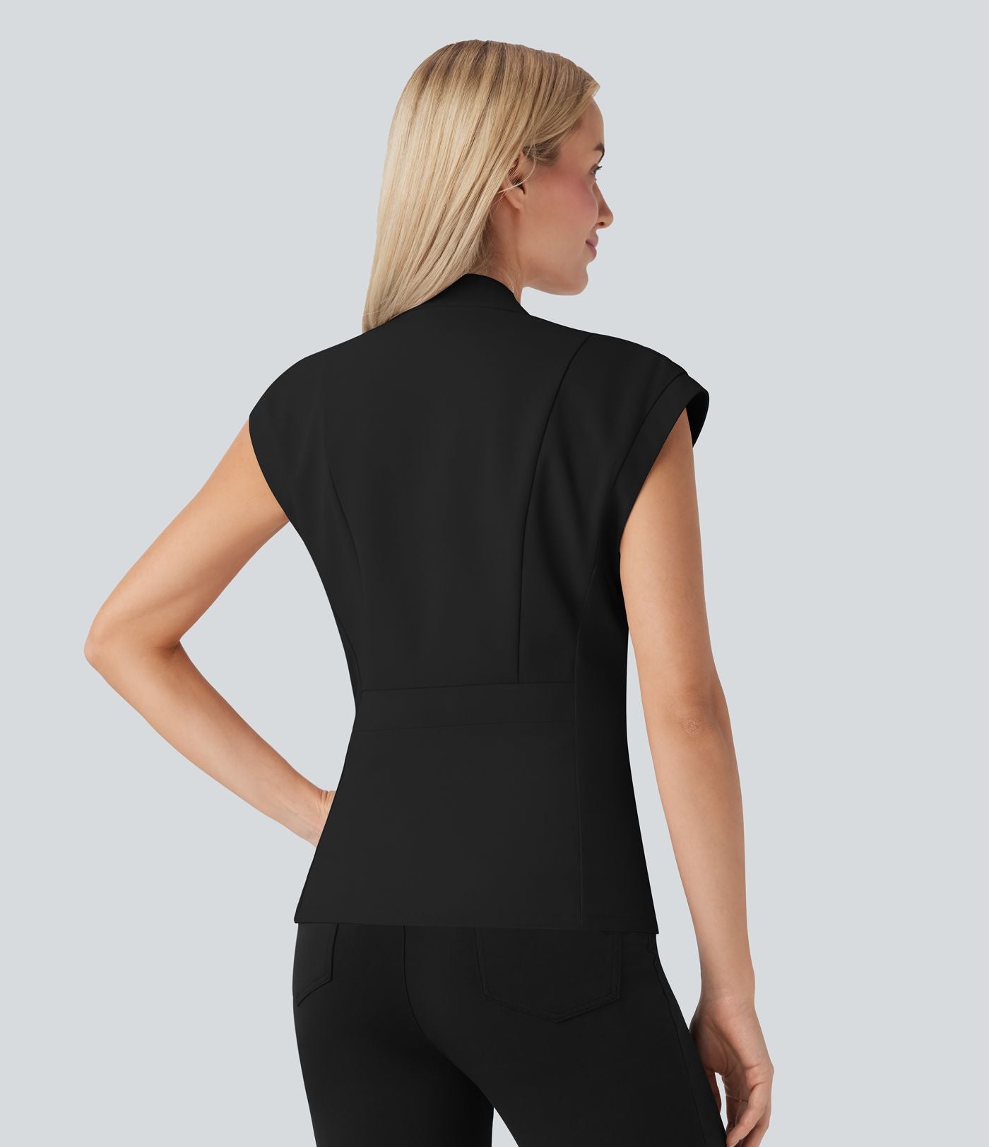Veste short tailleur à col V, sans manches, portefeuille et ceinture