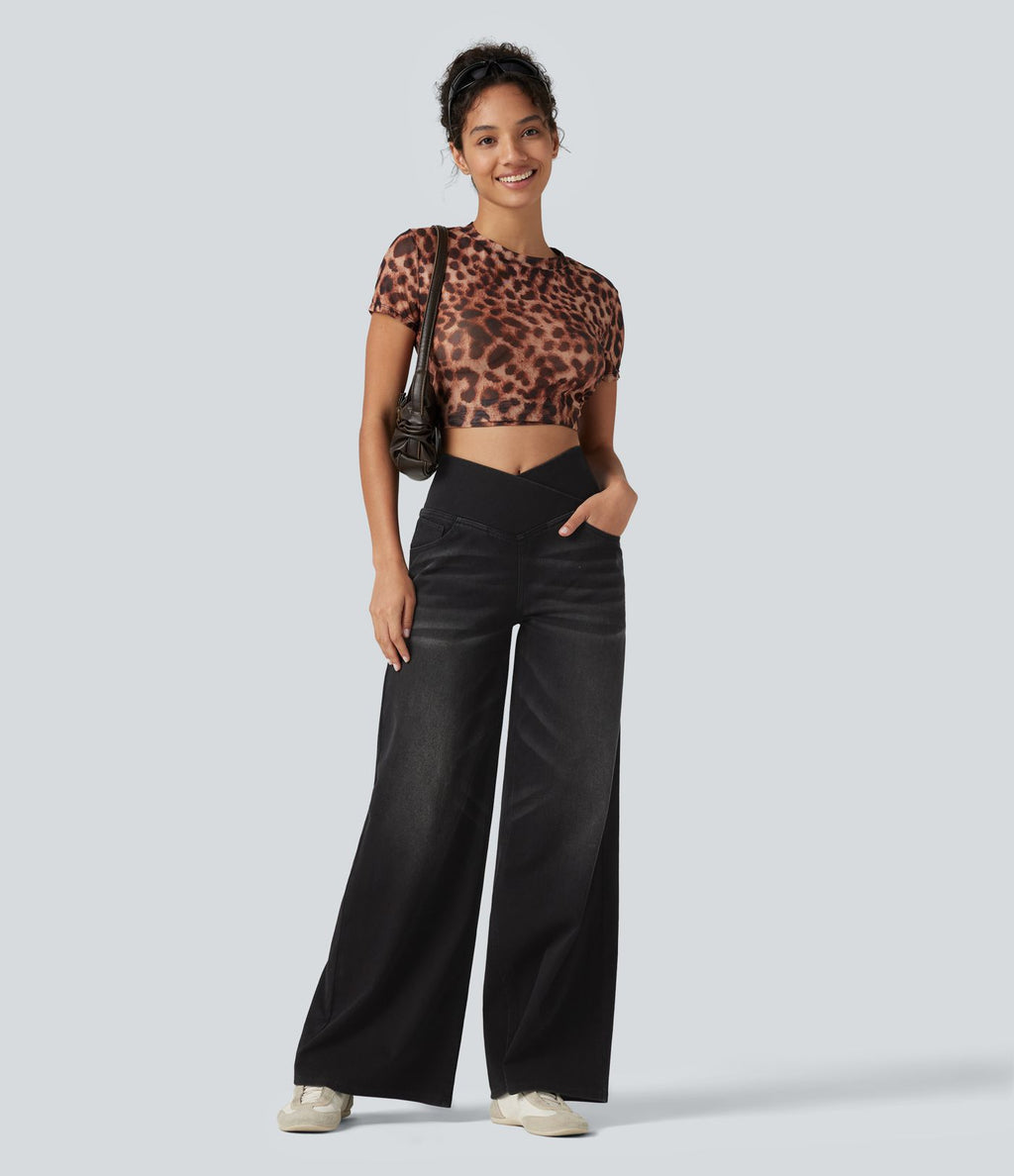 Halara Flex™ Jean large casual taille haute croisée ventre plat, avec poches