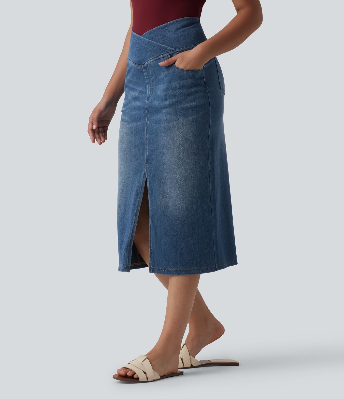 Halara Flex™ Jupe droite casual en jean asymétrique taille haute ventre plat avec fente et poches