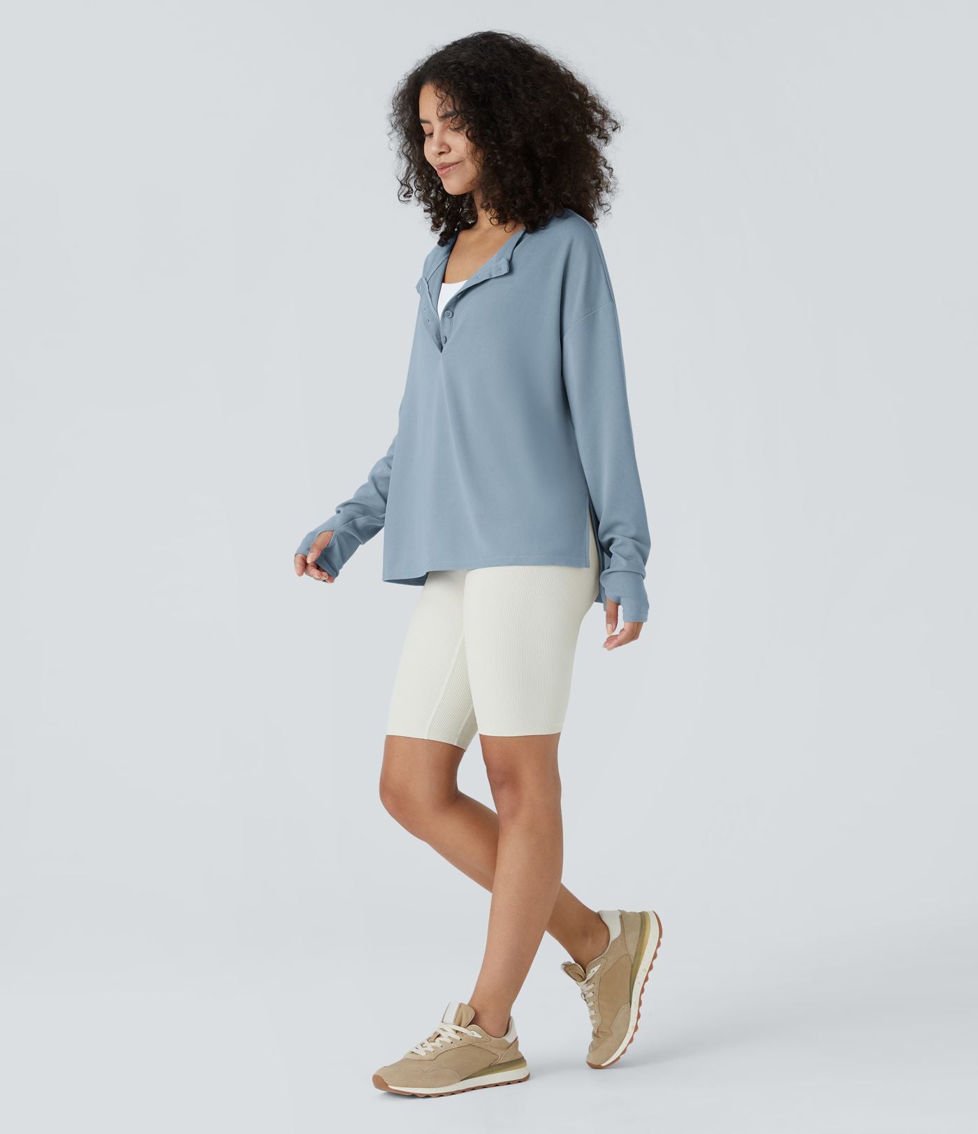 Sweatshirt Casual Waffle à Boutons Devant avec Trou Pouce et Fente
