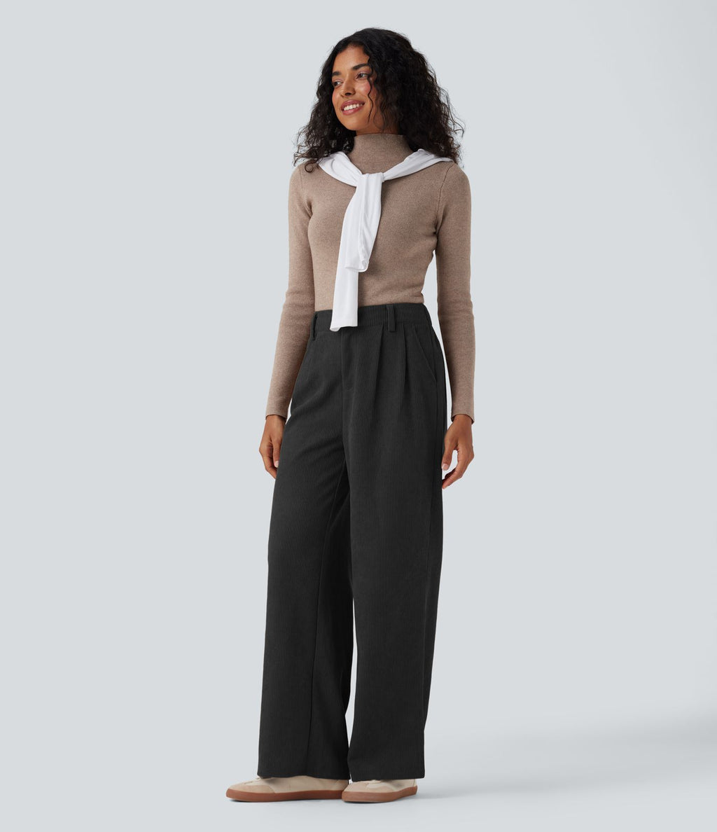 Pantalon ample décontracté velours côtelé taille haute avec poches