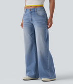 Halara Flex™ Jean Large Casual Taille Basse avec Boutons Zip Multiples Poches Lavés Élastiques et Tricotés
