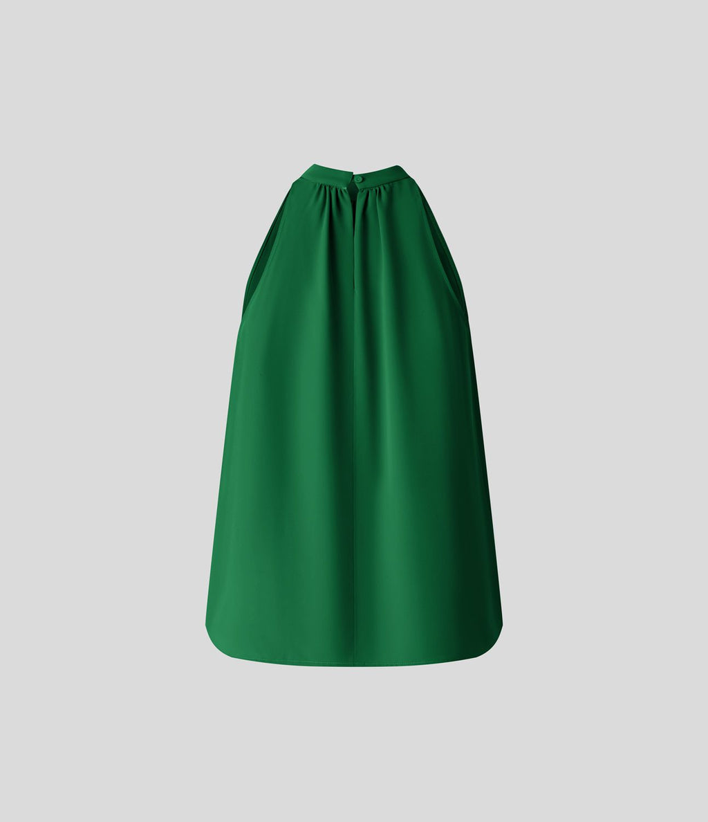 Blouse Travail Sans Manches Ourlet Courbé Col Haut Découpe au Dos Plis
