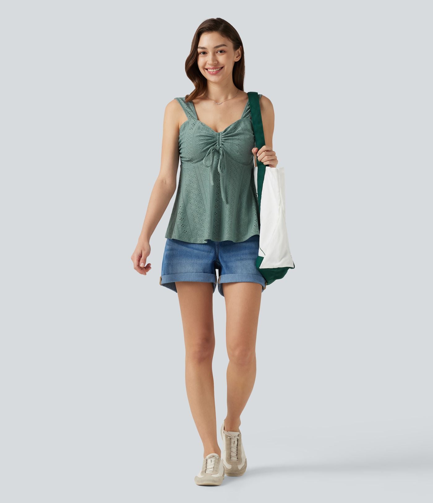 Débardeur décontracté froncé avec cordon de serrage, broderie anglaise et soutien-gorge intégré