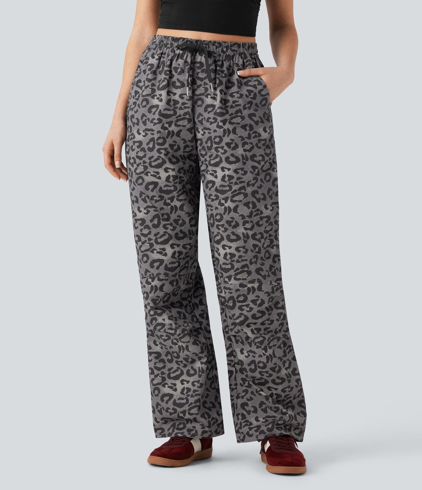 Pantalon casual taille haute cordon jambe droite imprimé léopard avec poches
