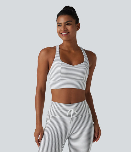 Brassière de sport yoga à rayures dos nageur croisé maintien léger avec soutien-gorge intégré