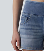 Halara Flex™ Short décontracté en denim lyocell délavé taille mi-haute drapé 9 cm avec poches