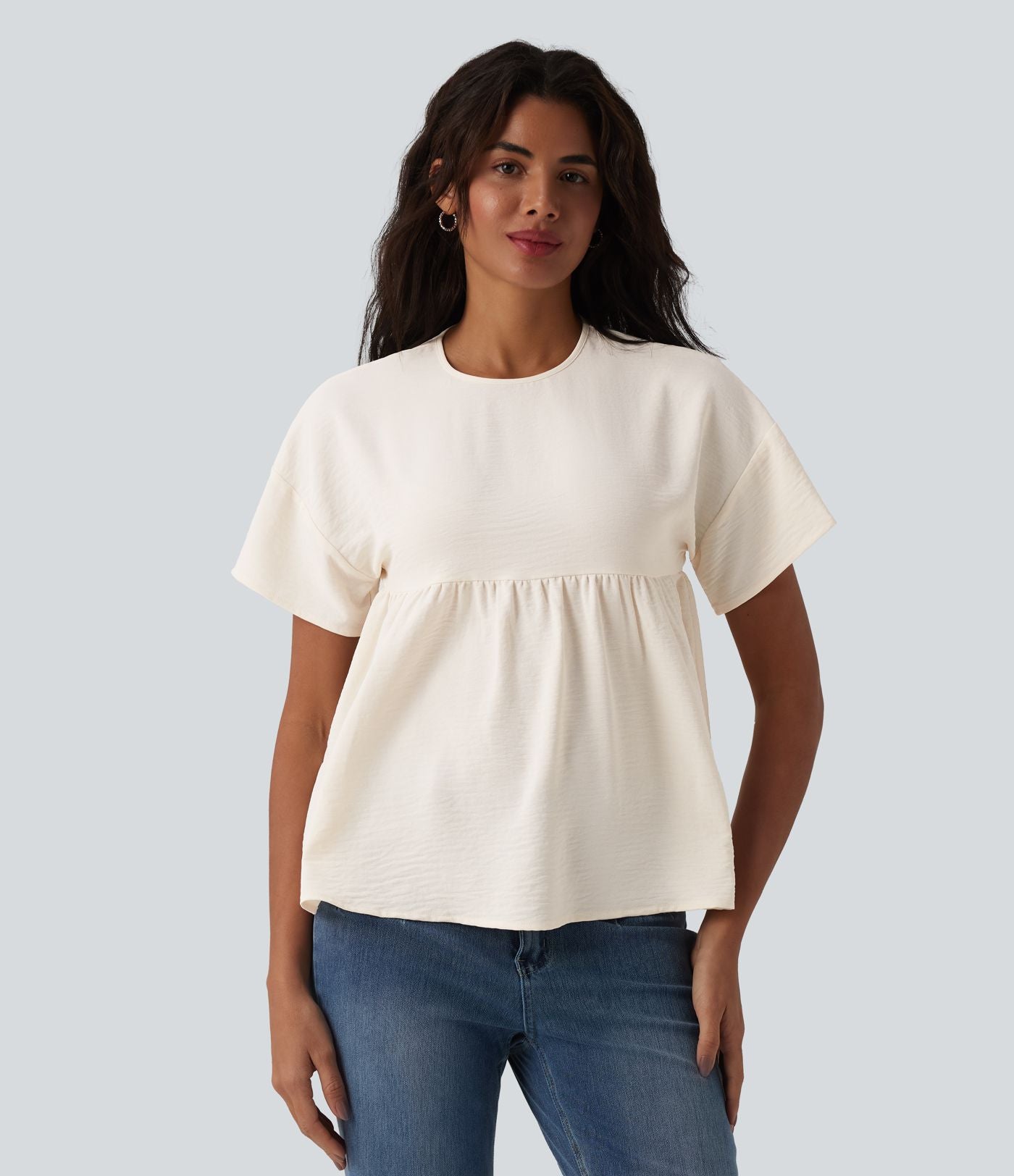 T-shirt décontracté col rond manches courtes ourlet à volants aspect lin
