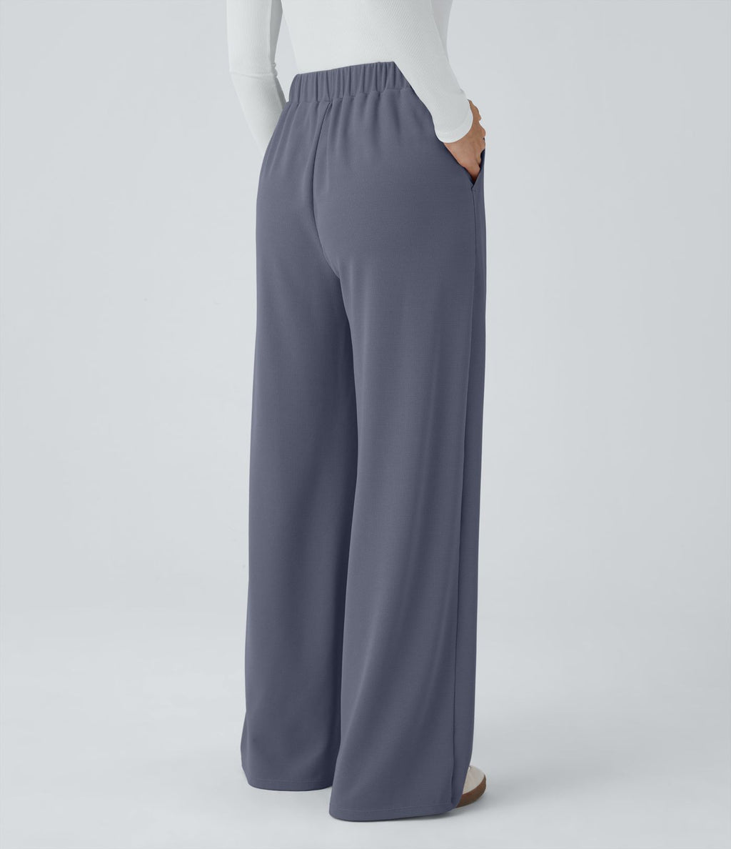 Pantalon taille haute décontracté large en maille gaufrée, avec poches