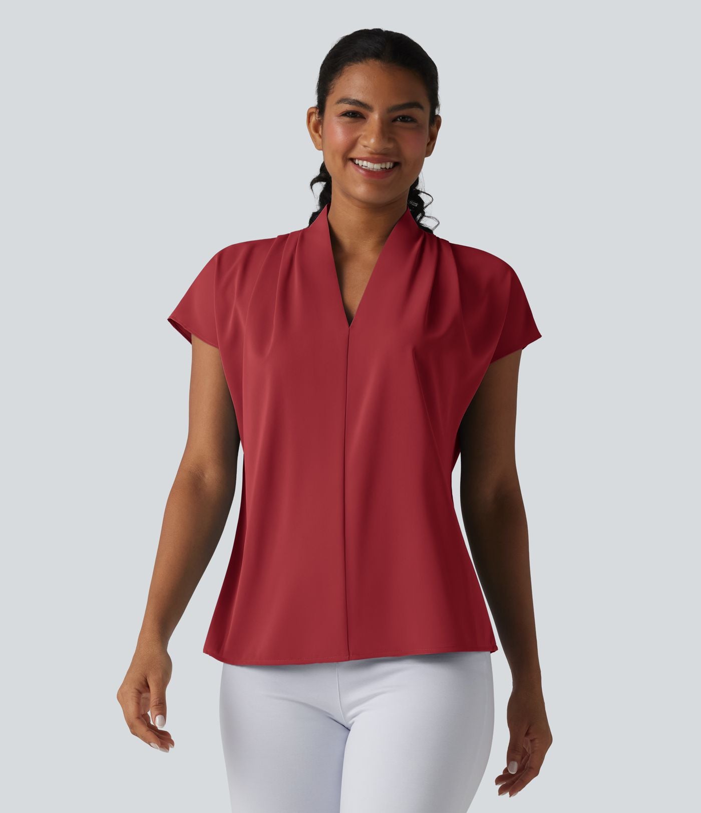 Blouse esprit bureau ample défroissage facile, col V et manches chauve-souris